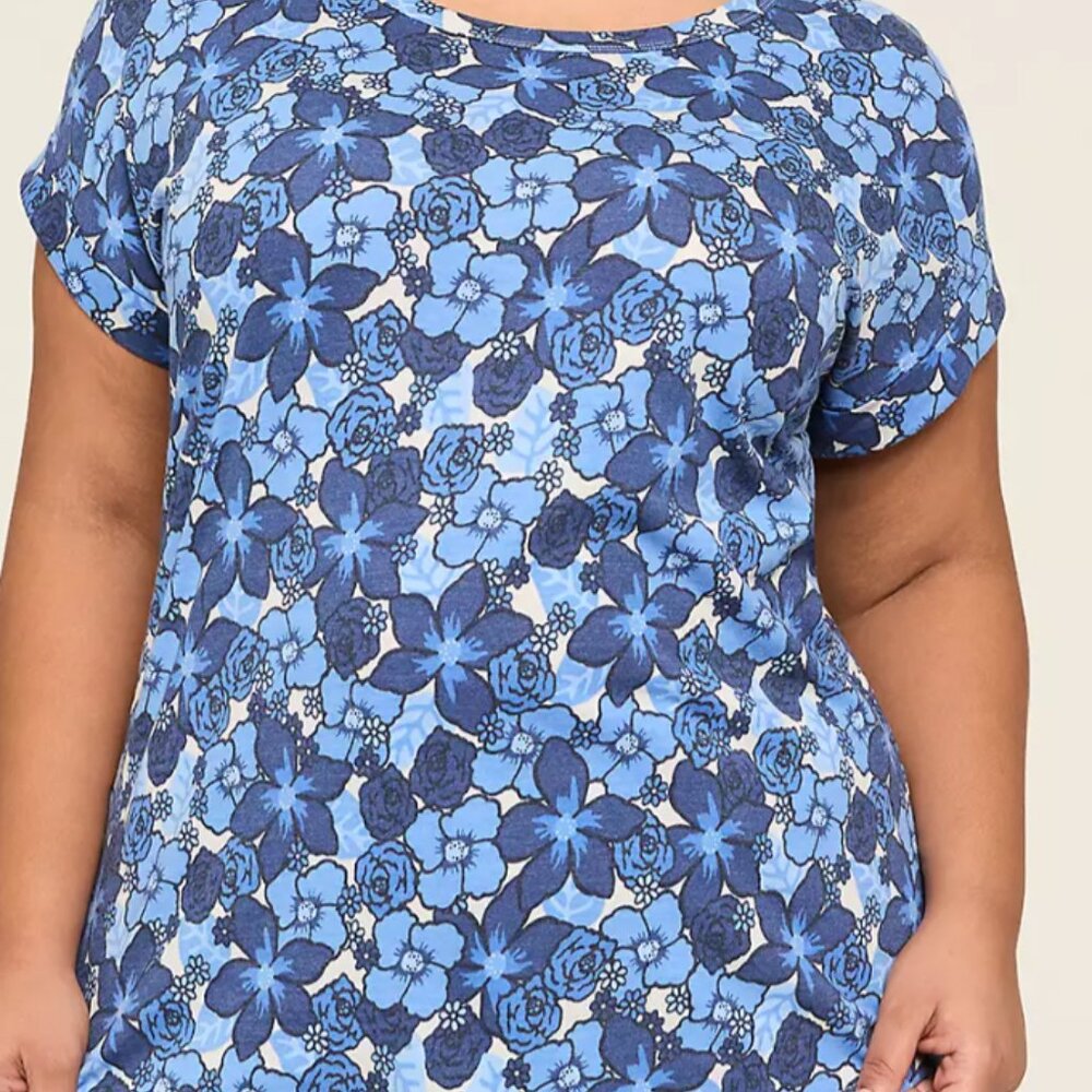 Lane Bryant 18/20 Roll-Sleeve Scoop-Neck Tee Blue Floral EUC